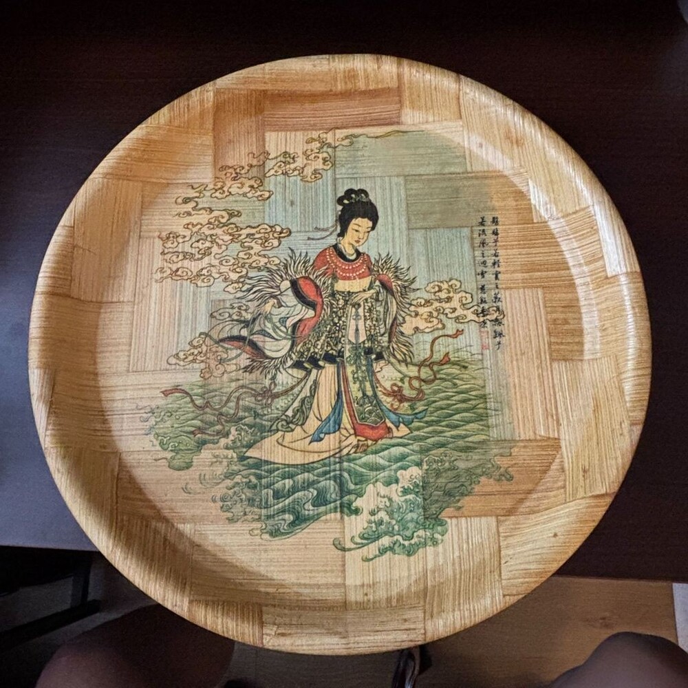 Goddess of the Lo River Chinese Bamboo Plate Round Hand Painted Tray Artwork